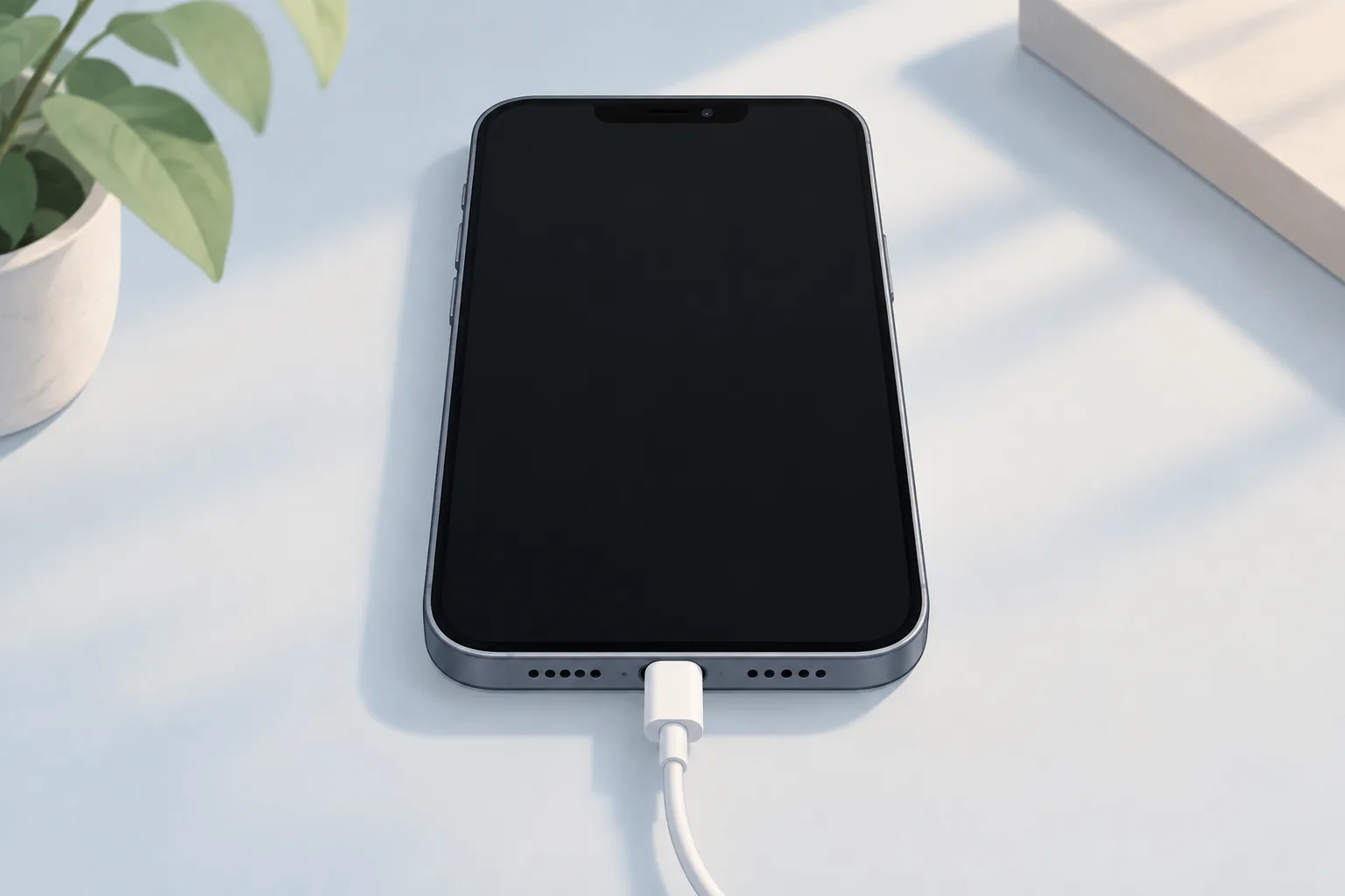 Illustration of a smartphone with a dark screen and charging cable plugged in on a pale blue surface.