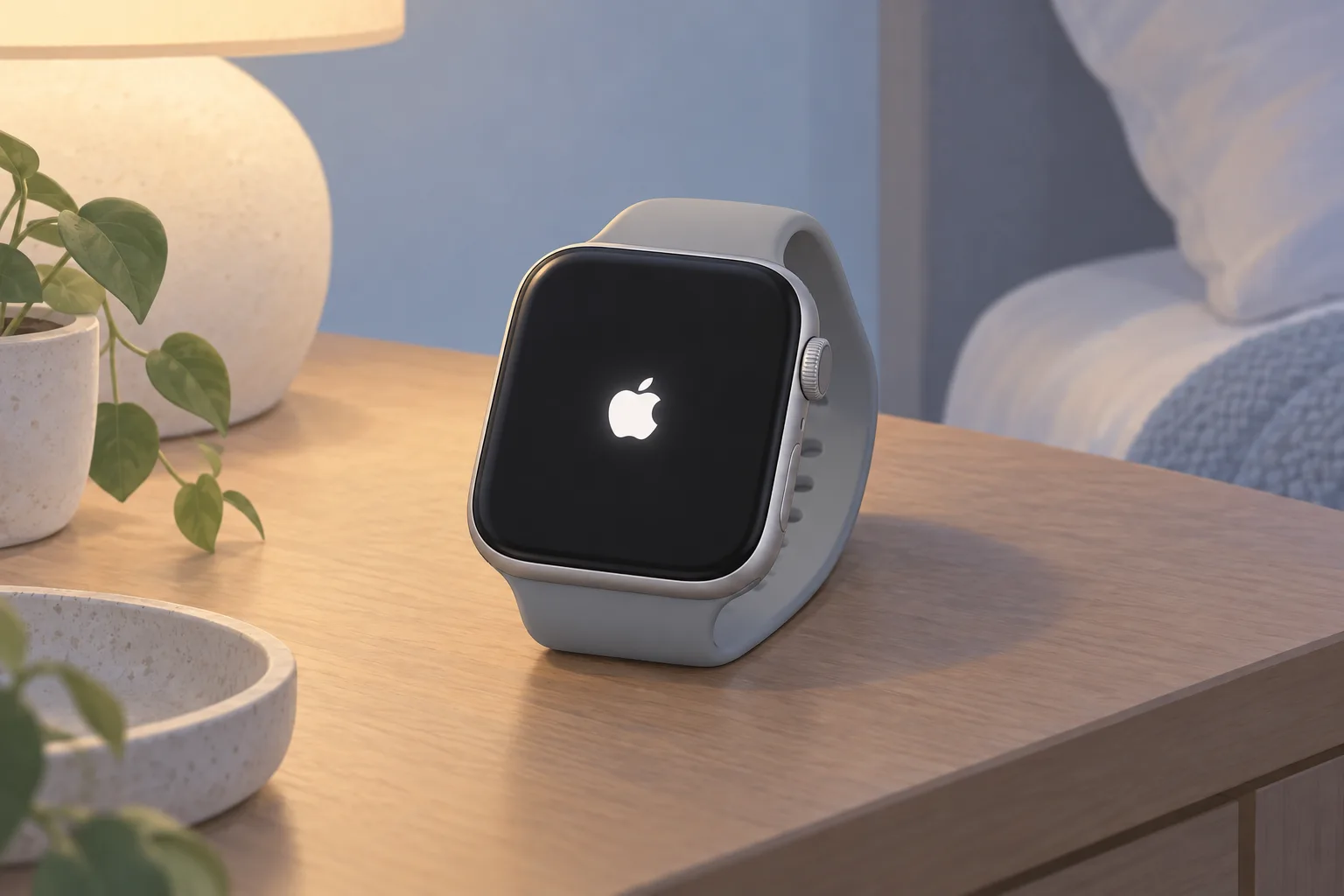 Illustration of a smartwatch with the Apple logo on its dark screen resting on a wooden nightstand.