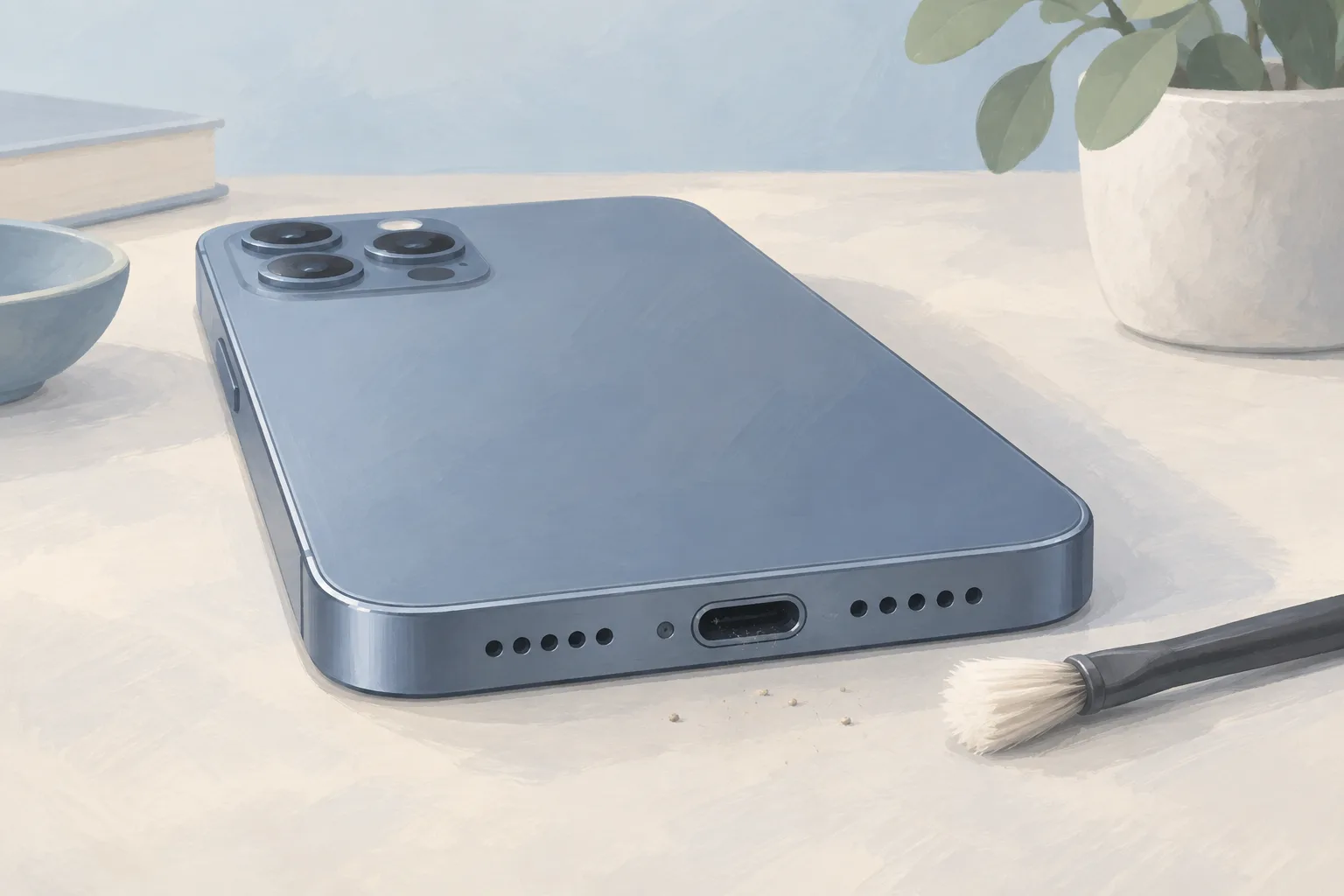 Illustration of a smartphone lying face down on a light desk with its charging port beside a soft brush.