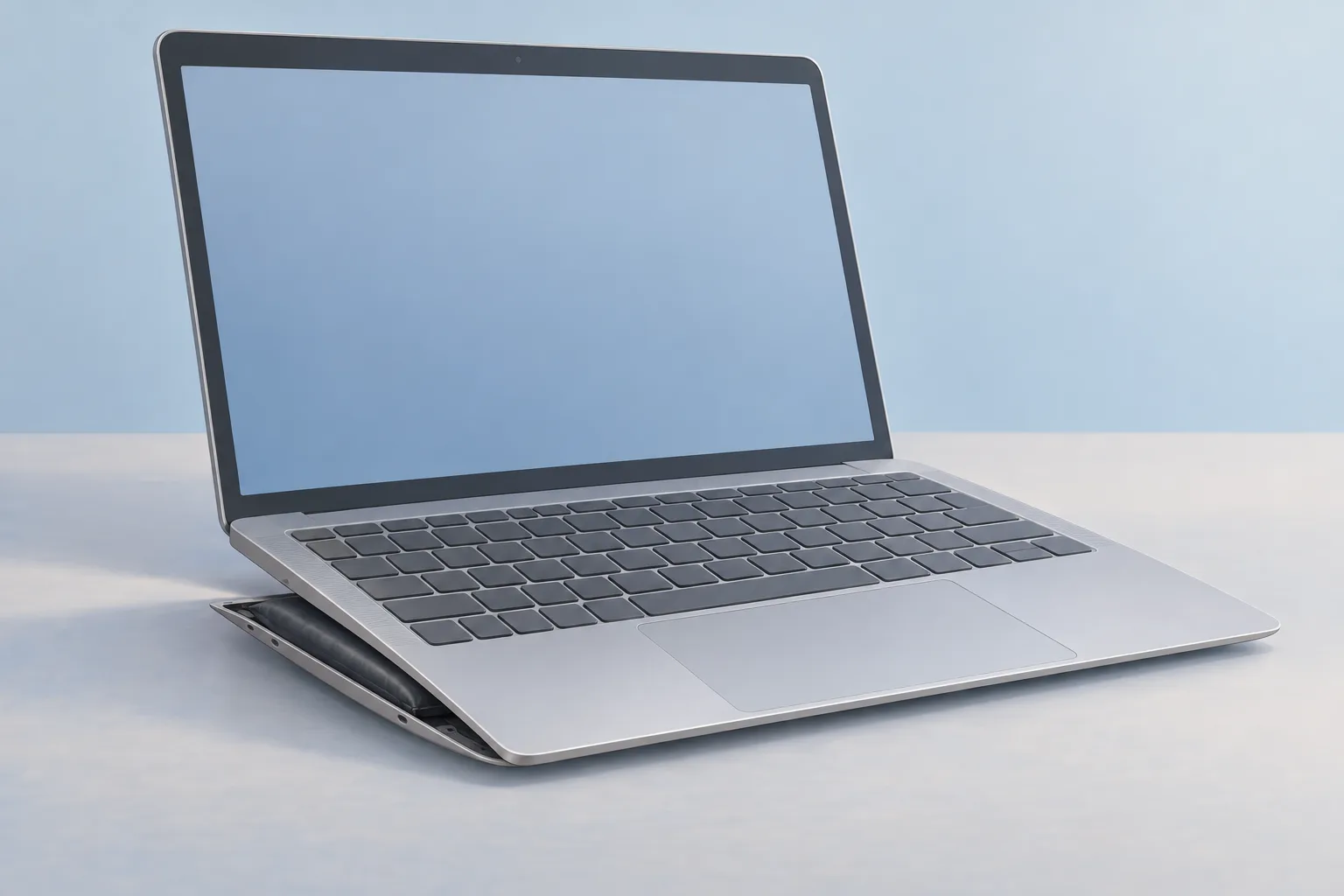 Illustration of an open aluminum laptop with a swollen battery lifting one edge of its bottom panel.