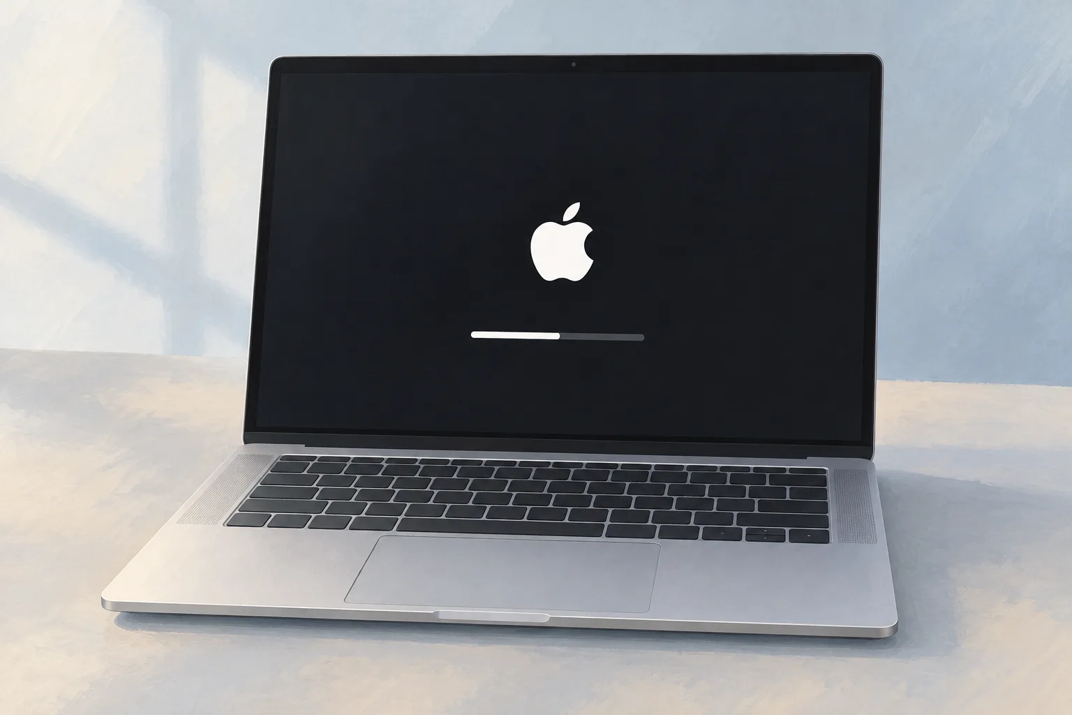 Illustration of an open aluminum laptop with the Apple logo and a half-filled progress bar on its dark screen.