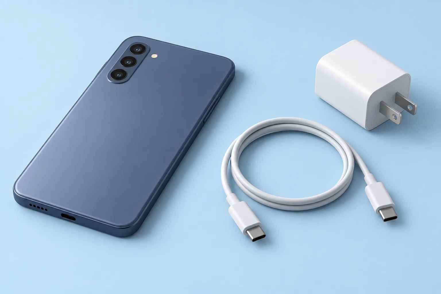 Illustration of a face down smartphone beside an unplugged USB-C cable and US wall adapter on a pale blue background.