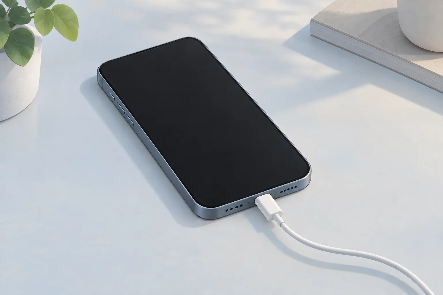 Illustration of a smartphone with a dark screen and charging cable plugged into its port on a pale desk.
