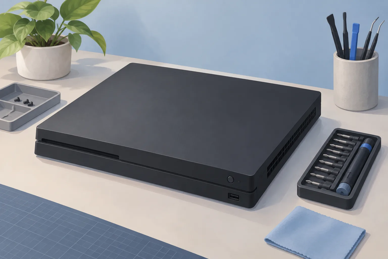 Illustration of a slim black game console on a repair bench beside a screwdriver set.
