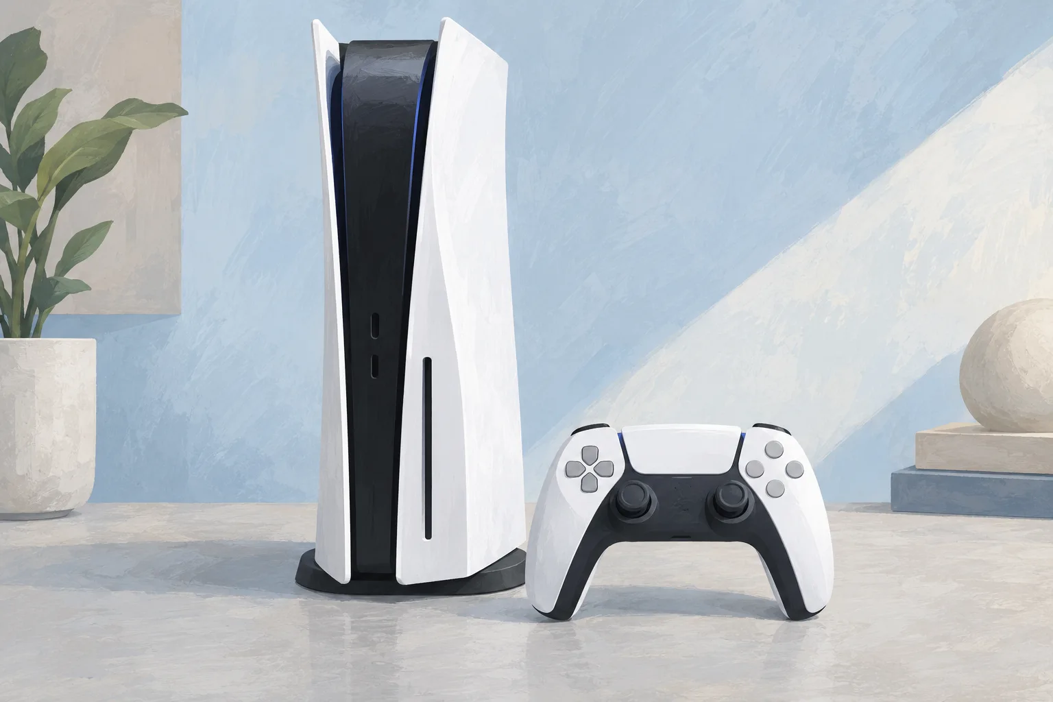 Illustration of an upright white and black game console beside a controller against a pale blue background.