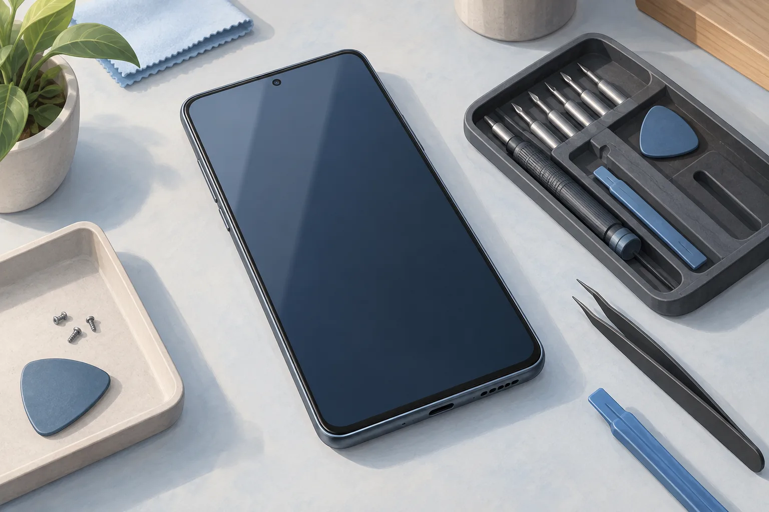 Illustration of a smartphone resting on a repair bench beside a screwdriver set and other repair tools.