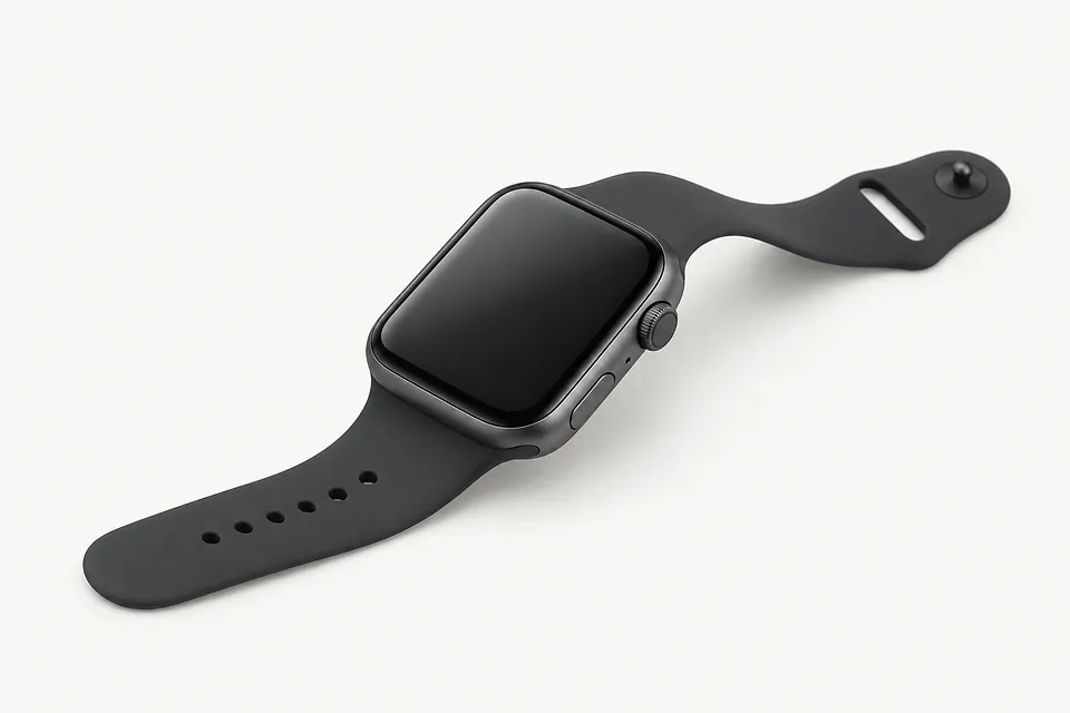 Apple Watch in dark gray, front view with a black screen and an open black band