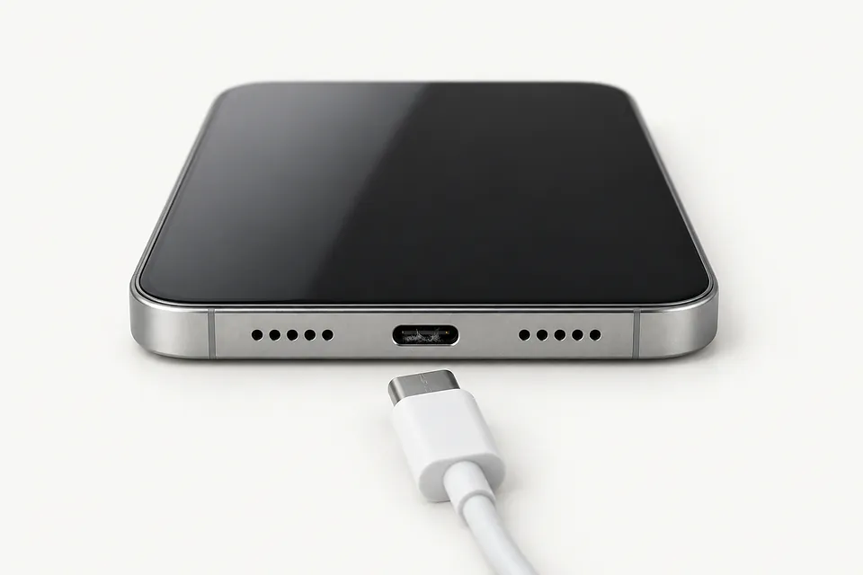Smartphone with a silver bottom edge and lint in its charging port, with an unplugged USB C cable in front