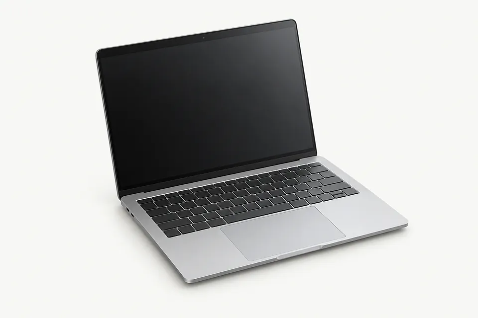 Laptop in silver, open with a black keyboard, large trackpad and dark screen