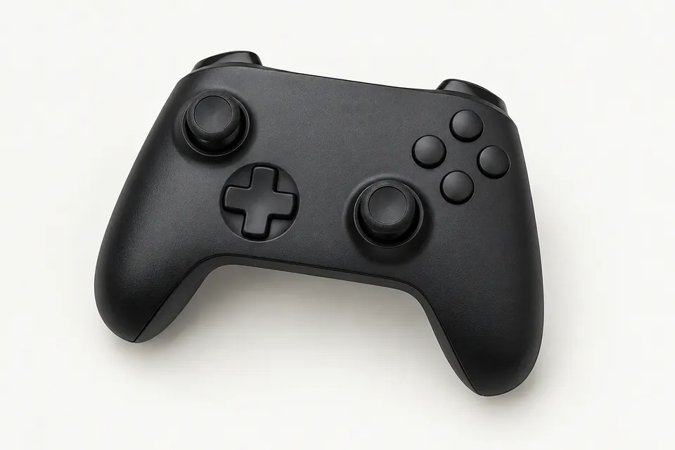 Game controller in matte black, front view with two analog sticks, a directional pad and four round buttons