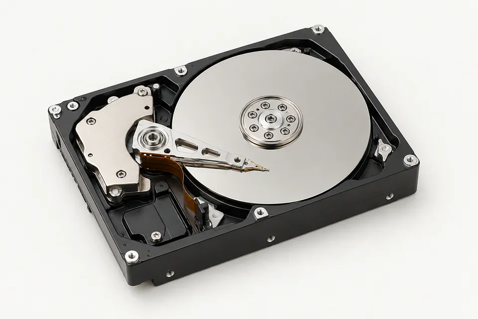 Hard disk drive with its top cover removed, exposing a silver platter and read and write arm