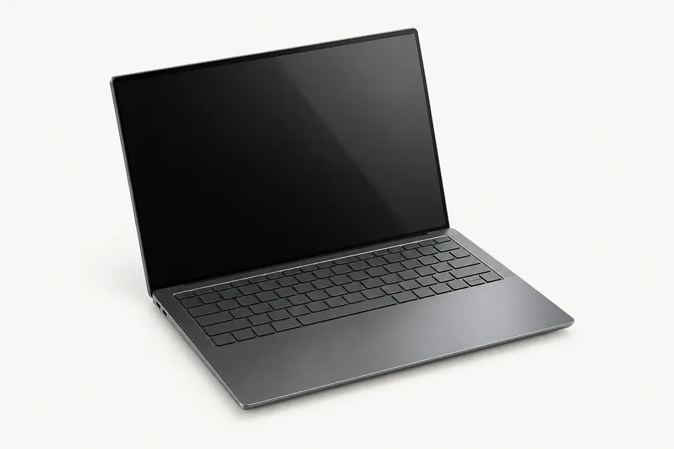 Dell laptop in dark gray, open with a black screen and keyboard visible