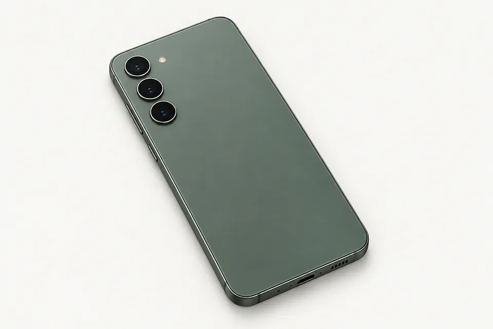 Samsung Galaxy S23 in green, back view with three cameras