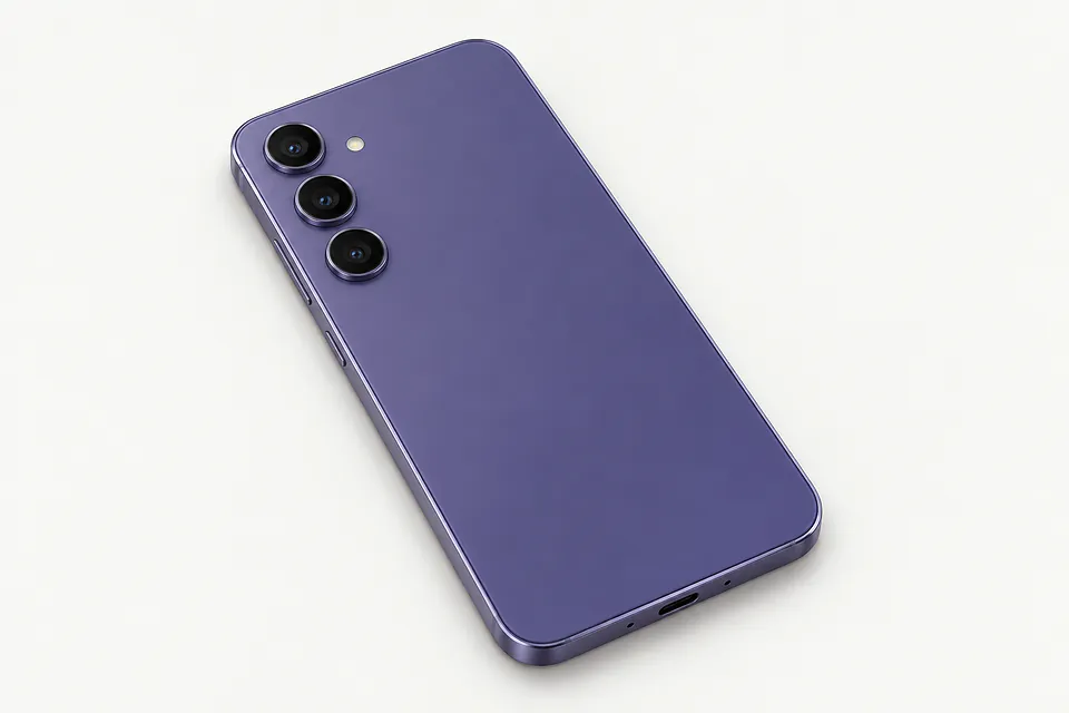 Samsung Galaxy S24 in purple, back view with three cameras