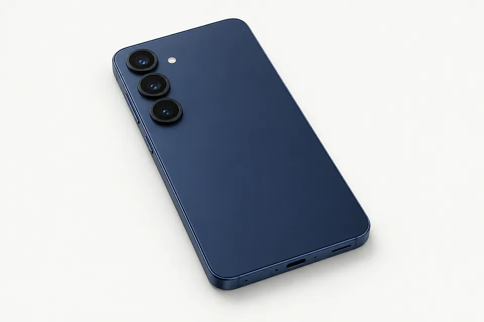 Samsung Galaxy S25 in dark blue, back view with three cameras