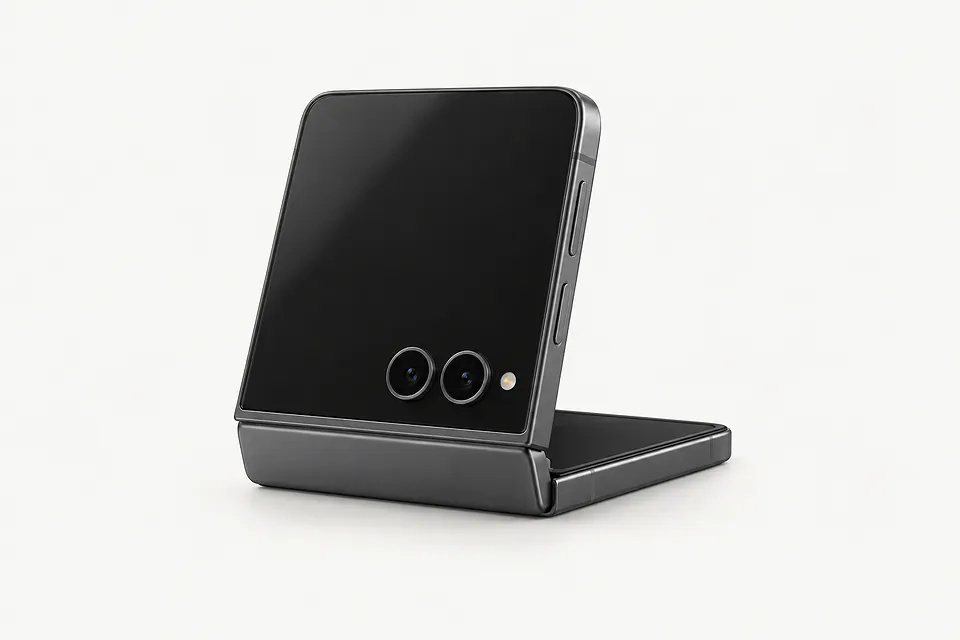 Samsung Galaxy Z Flip8 in dark gray, partly folded with the outer screen and two cameras visible