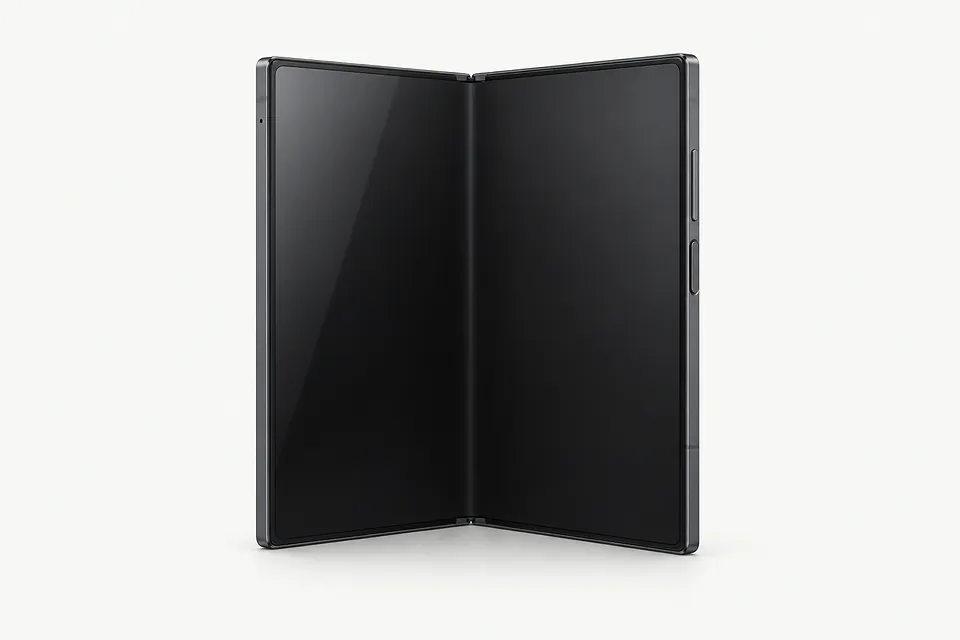 Samsung Galaxy Z Fold8 Ultra in dark gray, partially unfolded with the inner screen visible