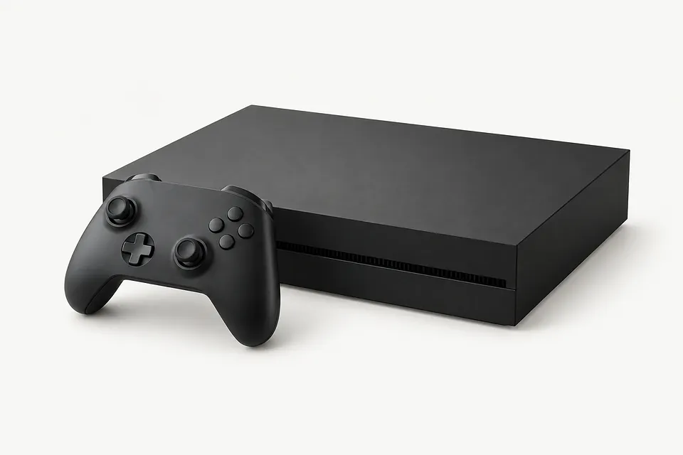 Matte black game console with a slim front vent and a black wireless controller in front