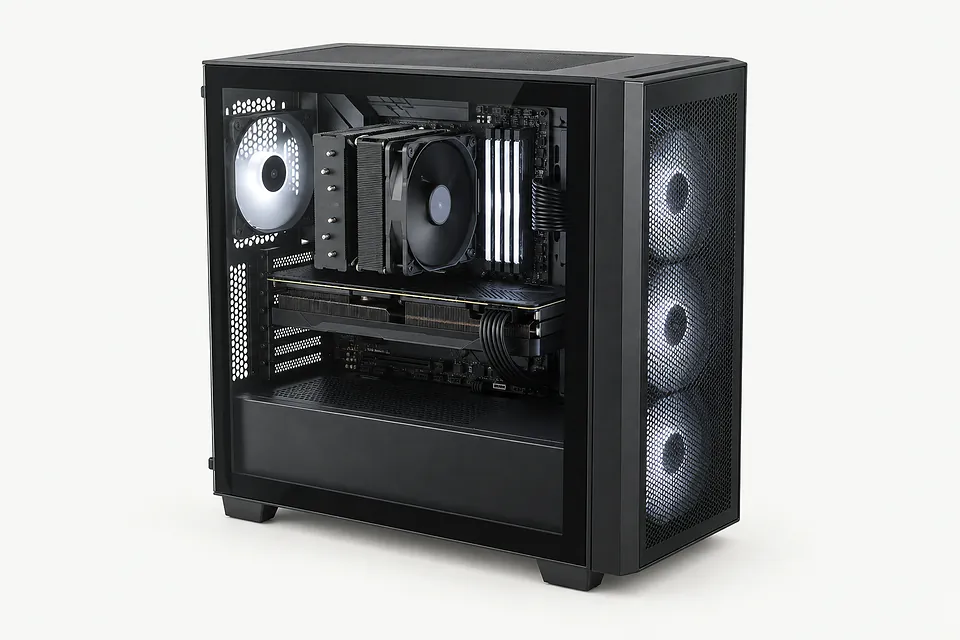 Black gaming PC with a glass side panel showing internal components and white illuminated fans