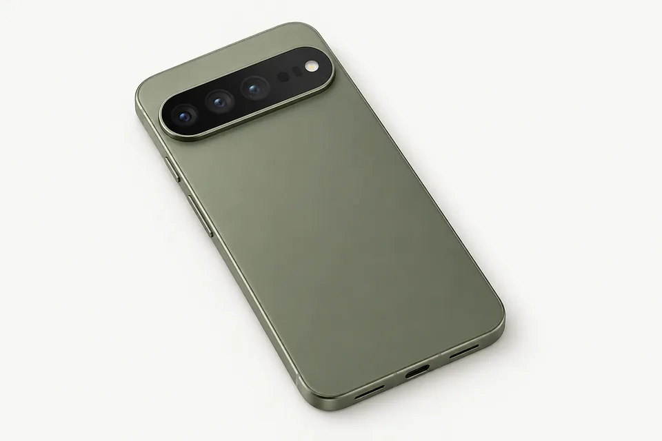 Google Pixel 11 Pro in olive green, back view with three cameras