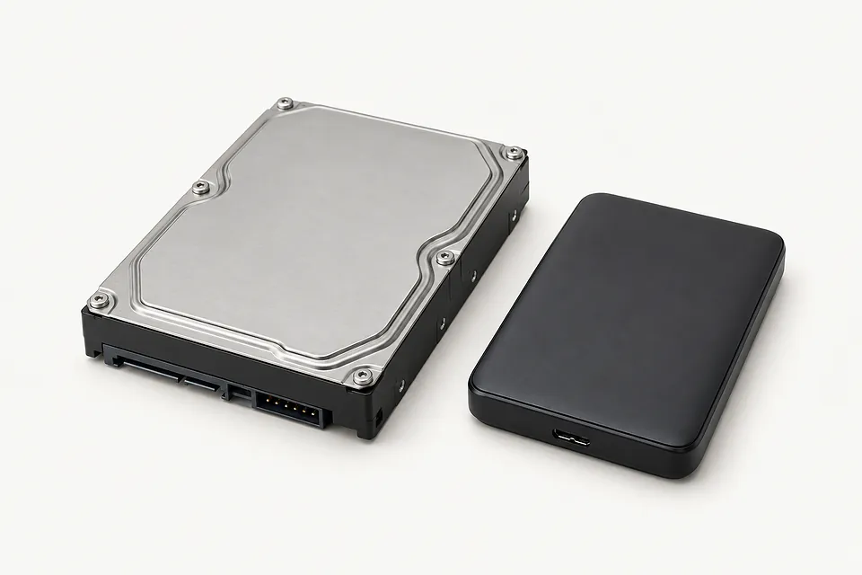 Hard disk drive with a plain gray top and visible SATA connectors beside a black portable external drive with no cable