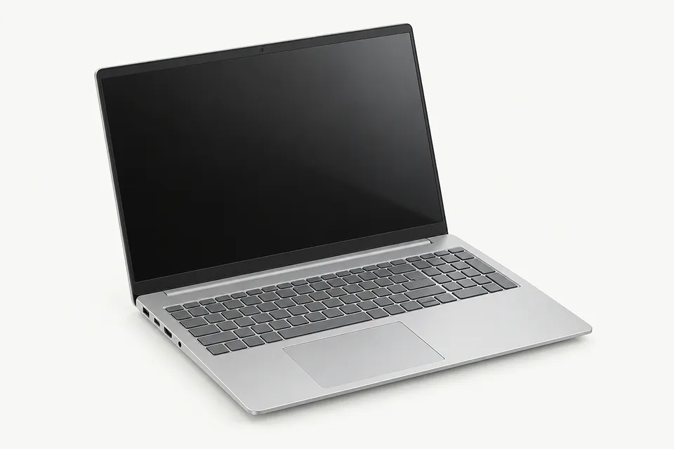 HP laptop in silver, open with a black screen and keyboard visible