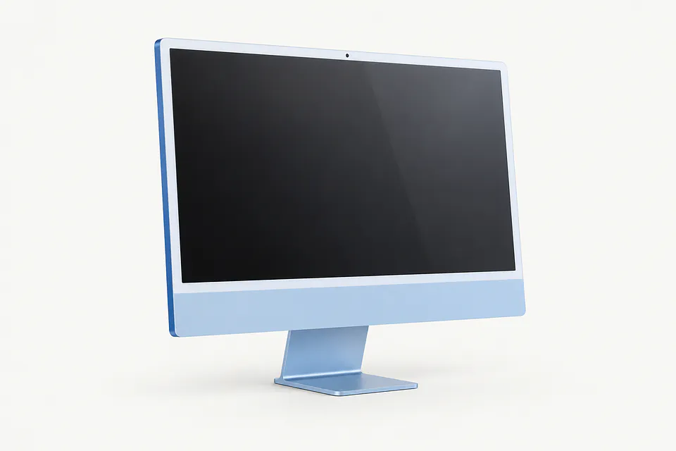 iMac in light blue, front view with a black screen and matching stand