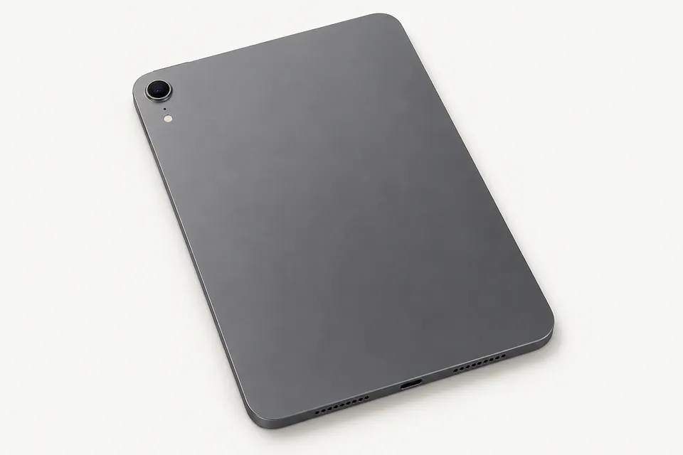 iPad mini in dark gray, back view with one camera and a USB-C port along the bottom edge