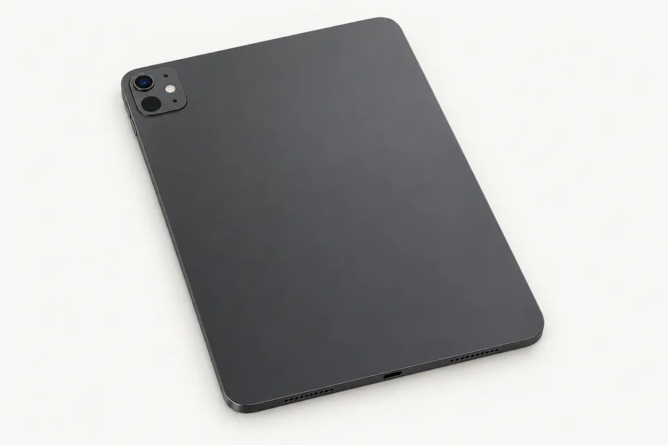 iPad Pro in dark gray, back view with a square camera bump