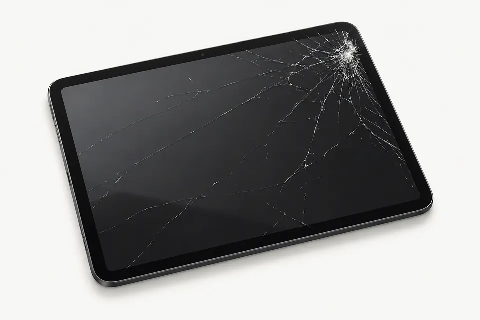 iPad Pro in dark gray, front view with screen cracks radiating from the upper right corner