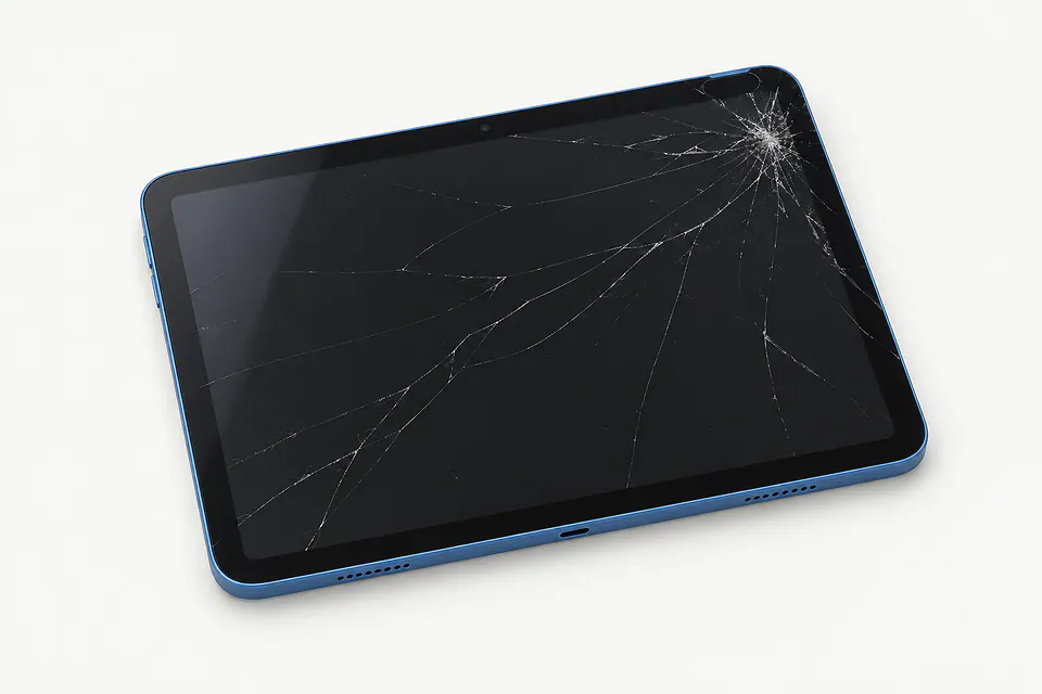 iPad in blue, front view with glass cracked from the upper right corner across the dark screen