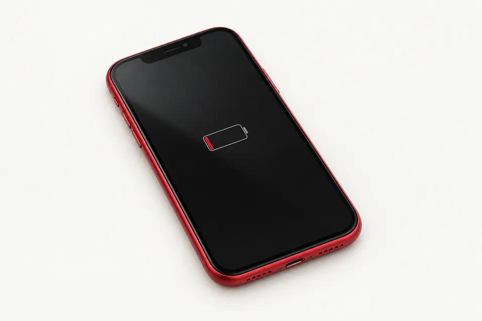 iPhone 11 in red, front view with an almost-empty battery icon on the screen