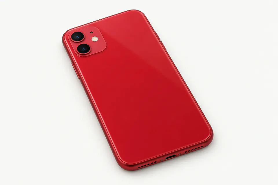 iPhone 11 in red, back view with two cameras