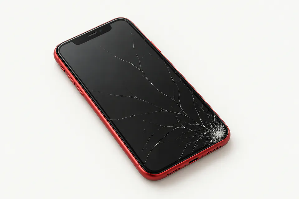 iPhone 11 in red, front view with cracks spreading across the dark screen from the lower right corner
