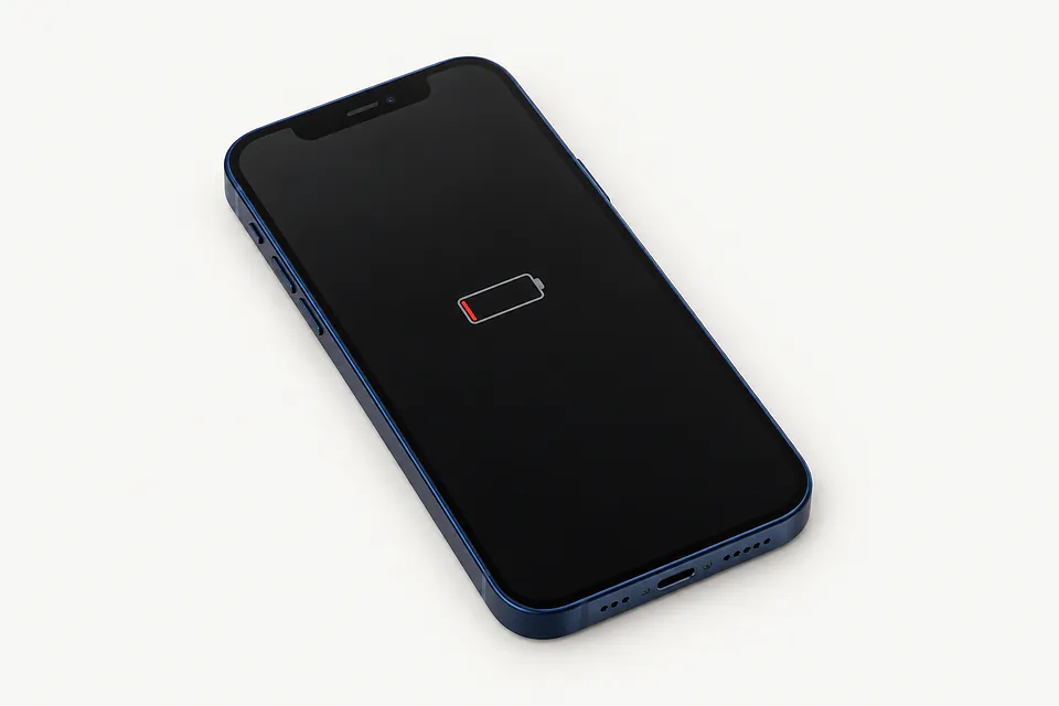 iPhone 12 in blue, front view with an almost-empty battery icon on the screen