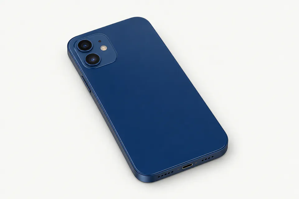 iPhone 12 in dark blue, back view with two cameras