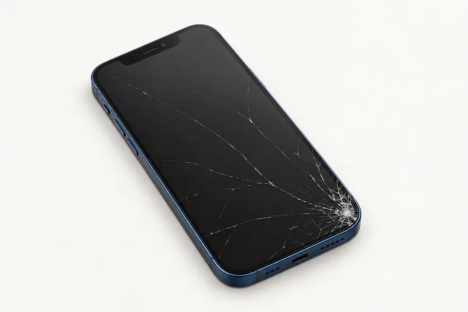 iPhone 12 in blue, front view with glass cracked from the lower right corner across the screen