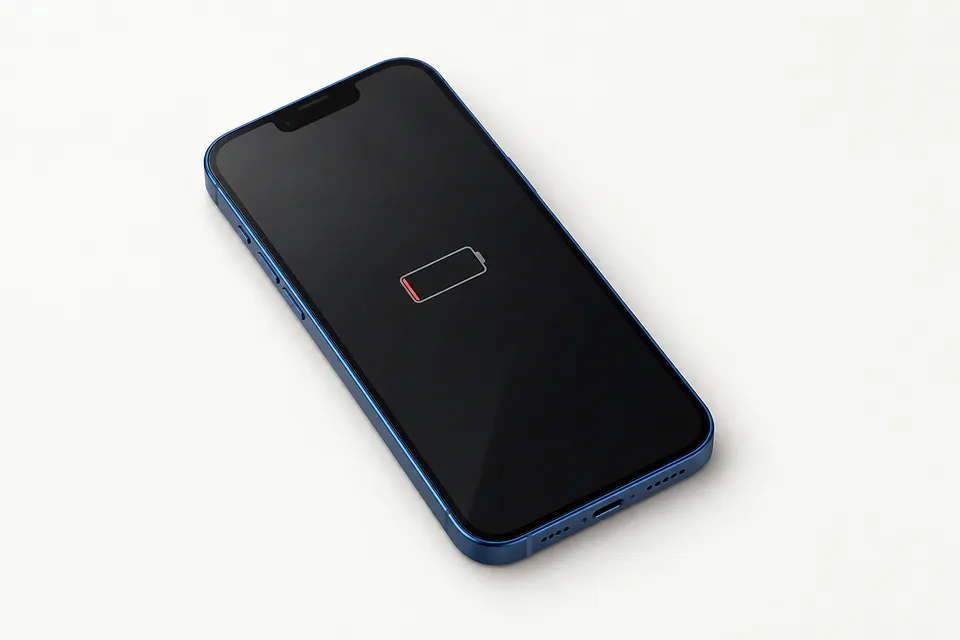 iPhone 13 in blue, front view with a small almost-empty battery icon on the screen