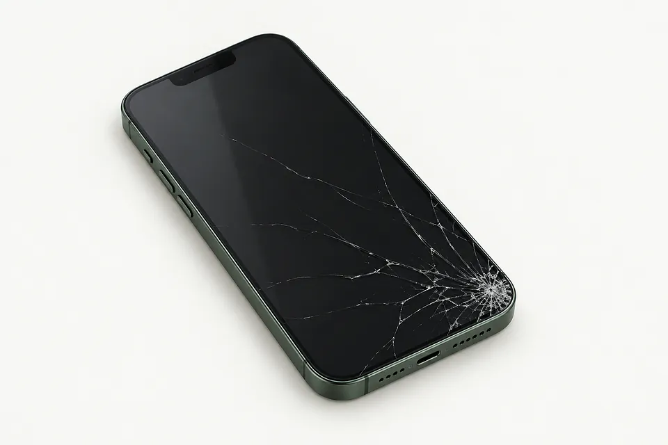 iPhone 13 Pro Max in green, front view with glass cracked across the screen from the lower right corner