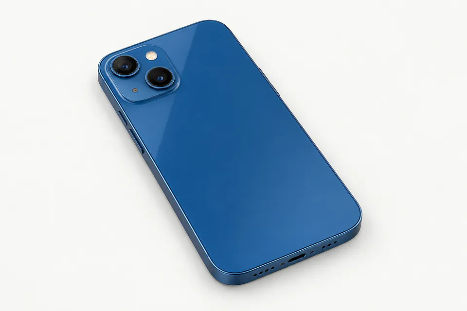 iPhone 13 in blue, back view with two diagonal cameras