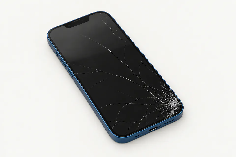 iPhone 13 in blue, front view with glass cracked from the lower right corner across the dark screen