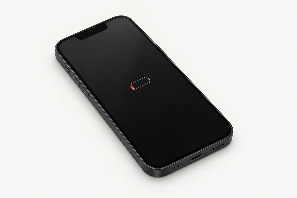 iPhone 14 in dark gray, front view with an almost-empty battery icon on the screen