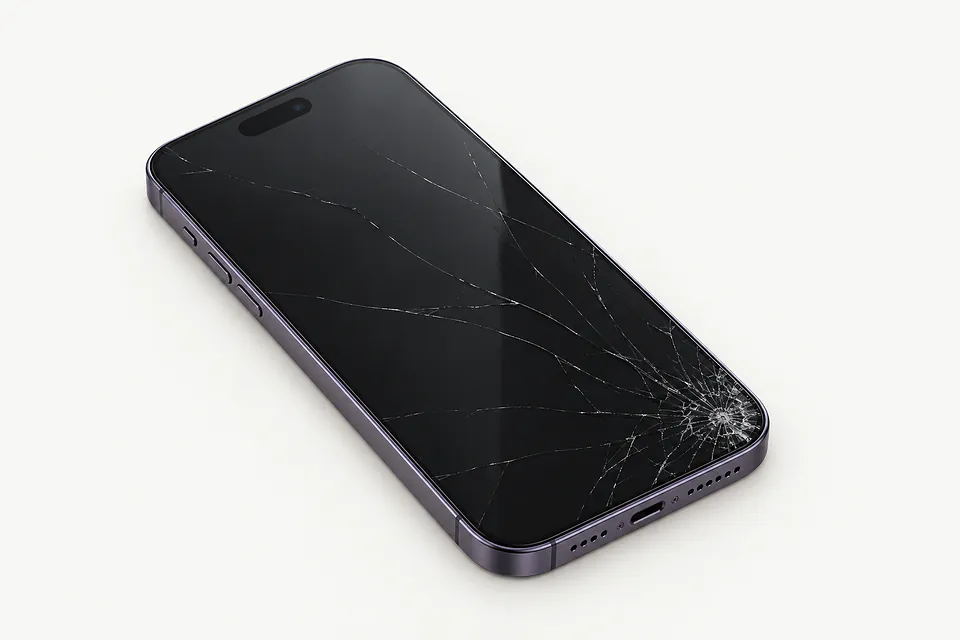 iPhone 14 Pro Max in dark purple, front view with glass cracked across the screen from the lower right corner
