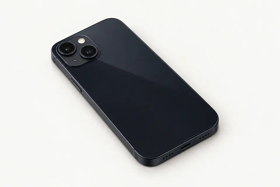 iPhone 14 in black, back view with two cameras