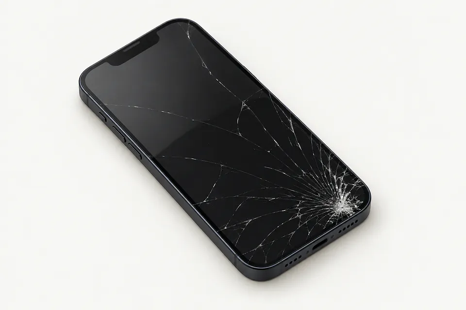 iPhone 14 in dark blue, front view with glass cracked across the screen from the lower right corner