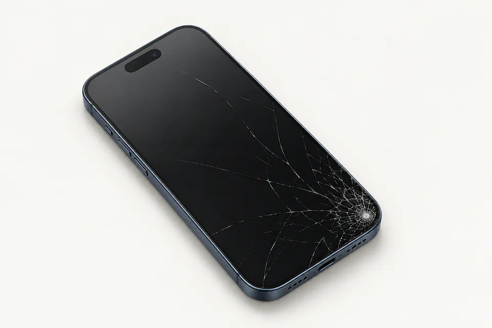 iPhone 15 Pro Max in gray, front view with glass cracked from the lower right corner across the dark screen
