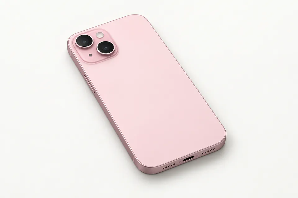 iPhone 15 in pink, back view with two cameras