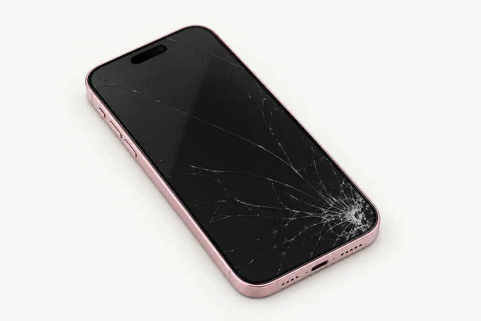 iPhone 15 in pink, front view with glass cracked from the lower right corner across the screen