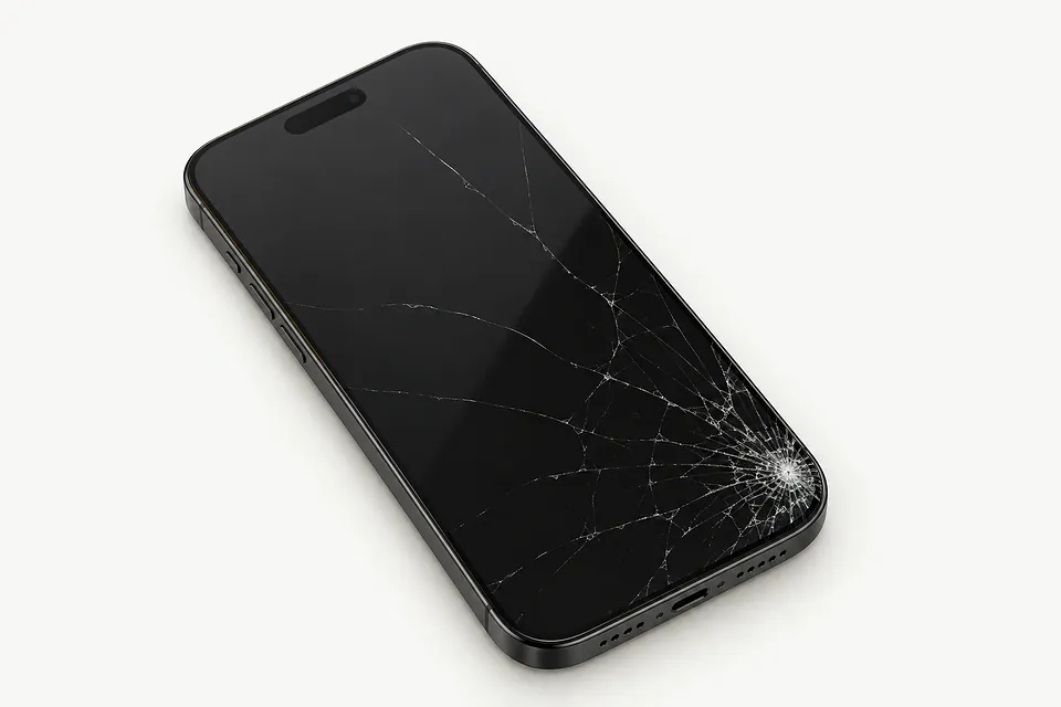 iPhone 16 Pro Max in dark gray, front view with glass cracked across the screen from the lower right corner