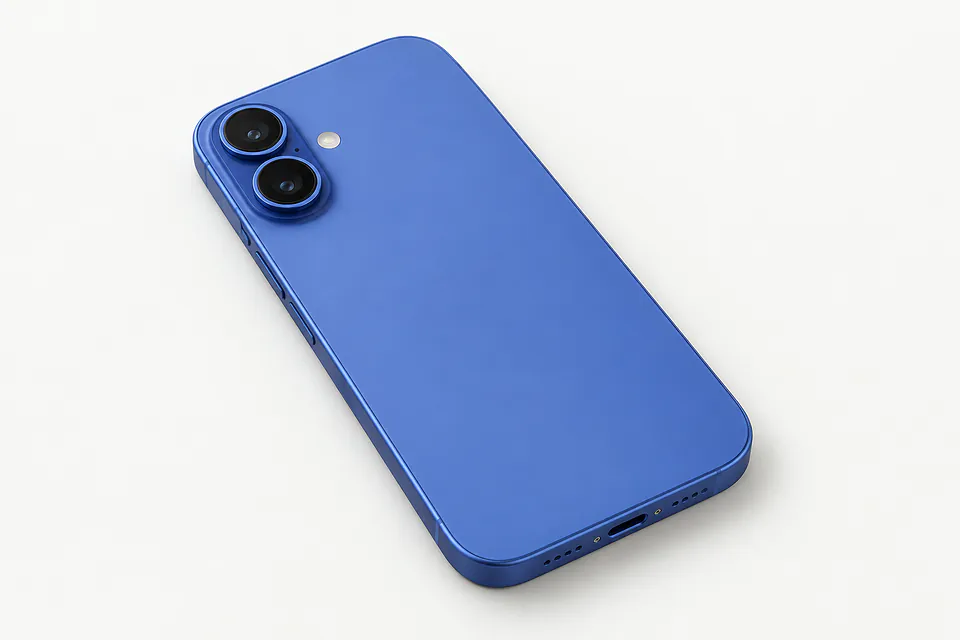 iPhone 16 in blue, back view with two cameras